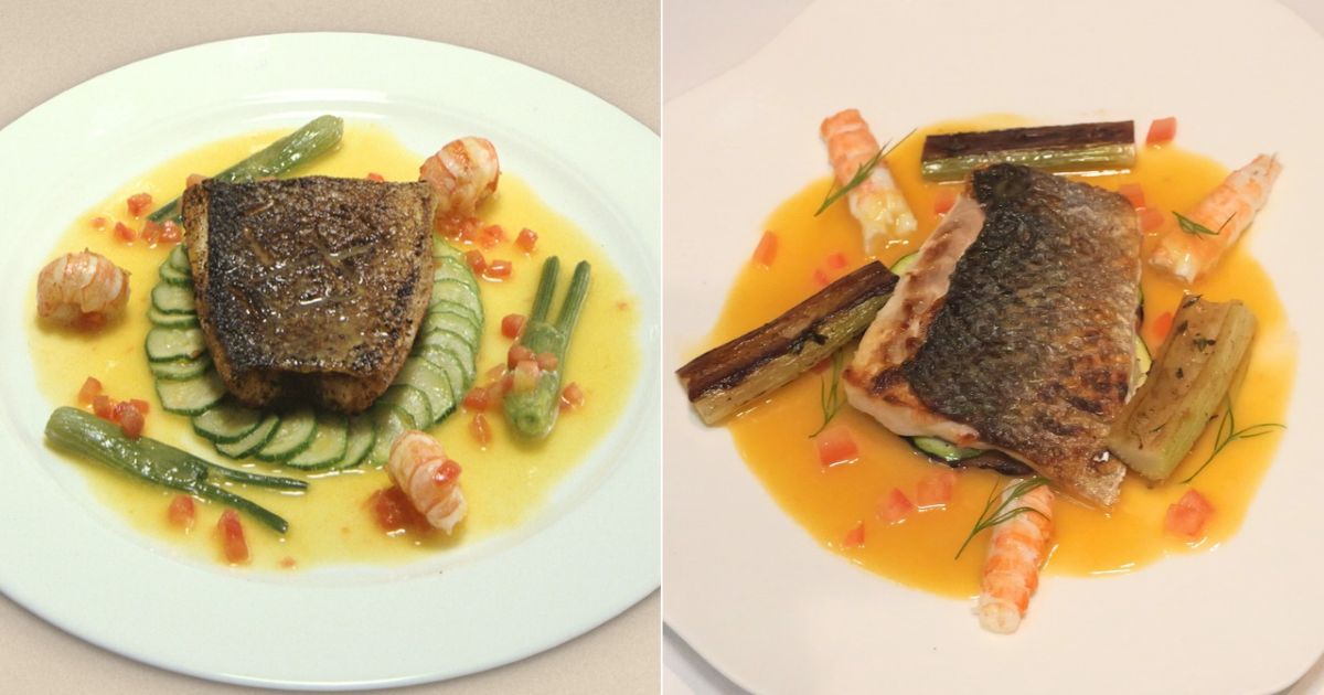 A sea bass dish by Richard Neat recreated by Aggelos Kassais at Pied à Terre