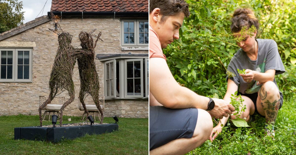 Model hares outside Pignut & The Hare and Tom and Laurissa Heywood on the grounds at the restaurant