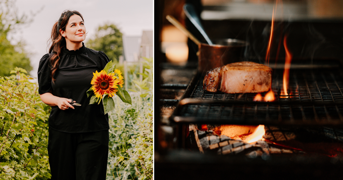 Siân Byerley and a scallop cooking over flame