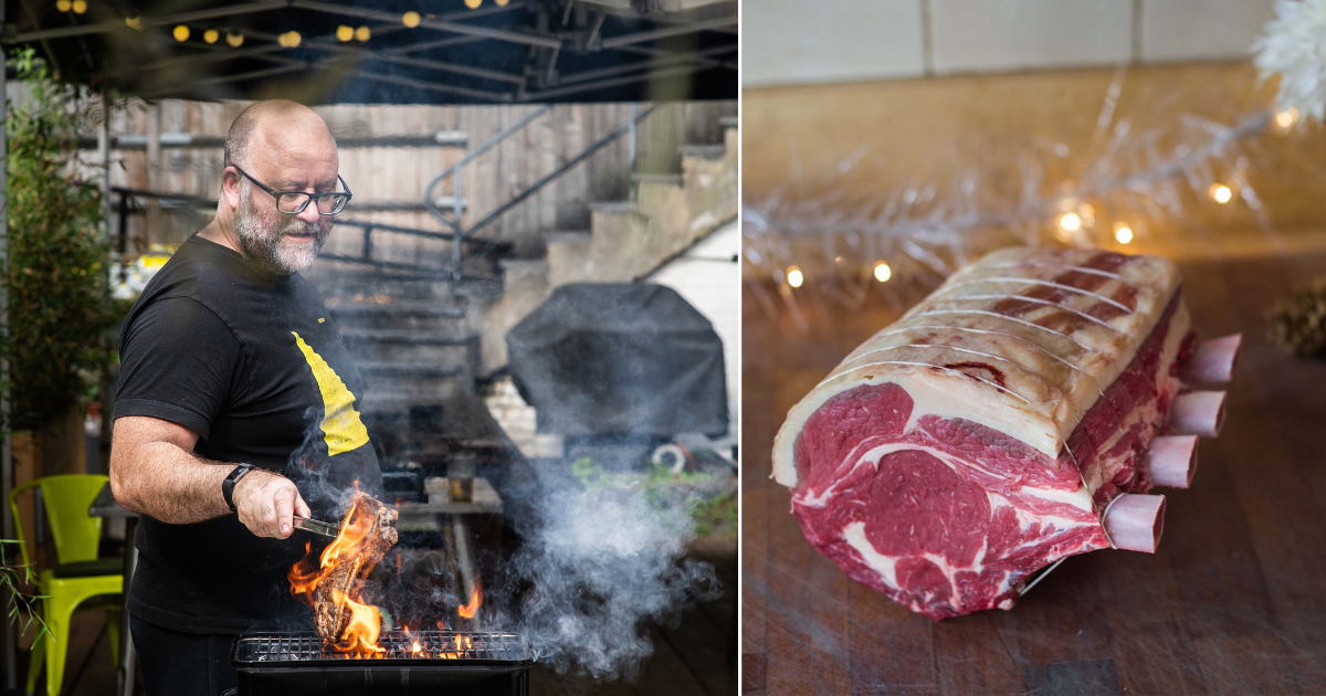 Richard Turner butcher and some uncooked meat at Christmas