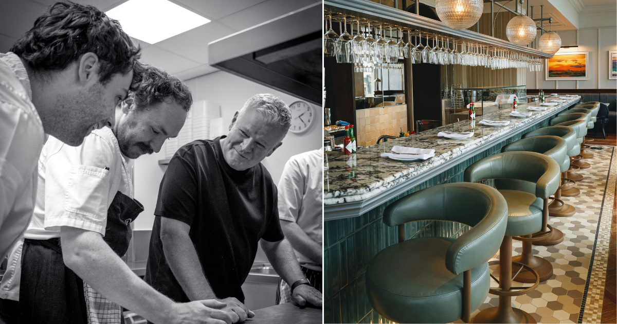 Roy Brett at Ondine with his kitchen team and, right, the oyster bar at Seaton House
