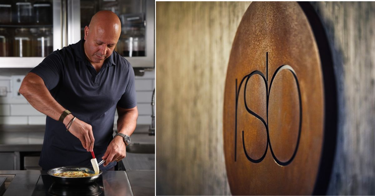 Sat Bains in the kitchen and Restaurant Sat Bains sign