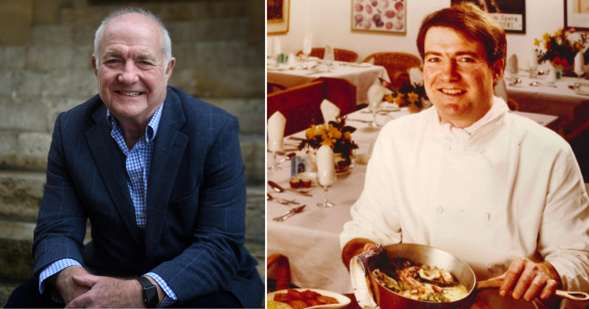 Rick Stein portrait in 2020s and archive photo of Rick Stein in chef whites from 1985