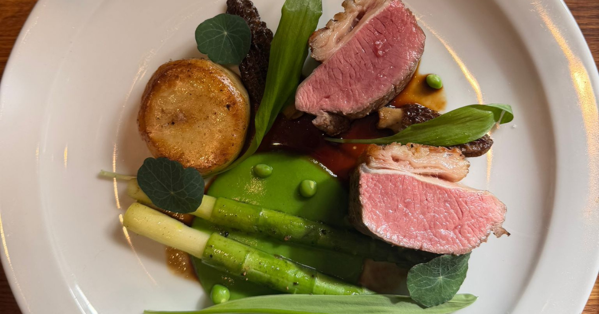 Lamb loin, morels, pea velouté, wild garlic, potato fondant and asparagus