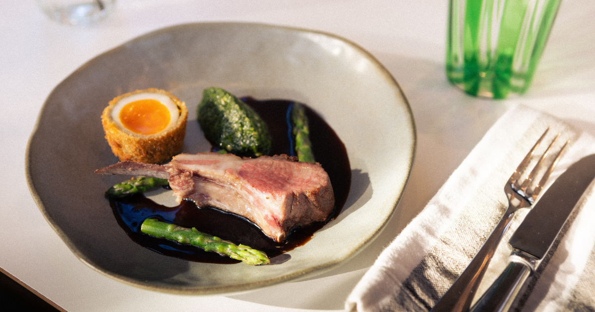 Goodwood Lamb, New Forest asparagus, crispy duck egg, wild garlic green sauce