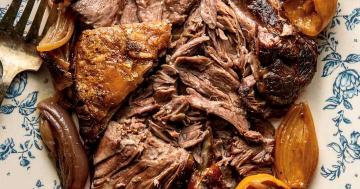 Slow-cooked lamb shoulder, morel mushrooms and roasted asparagus with wild garlic pesto