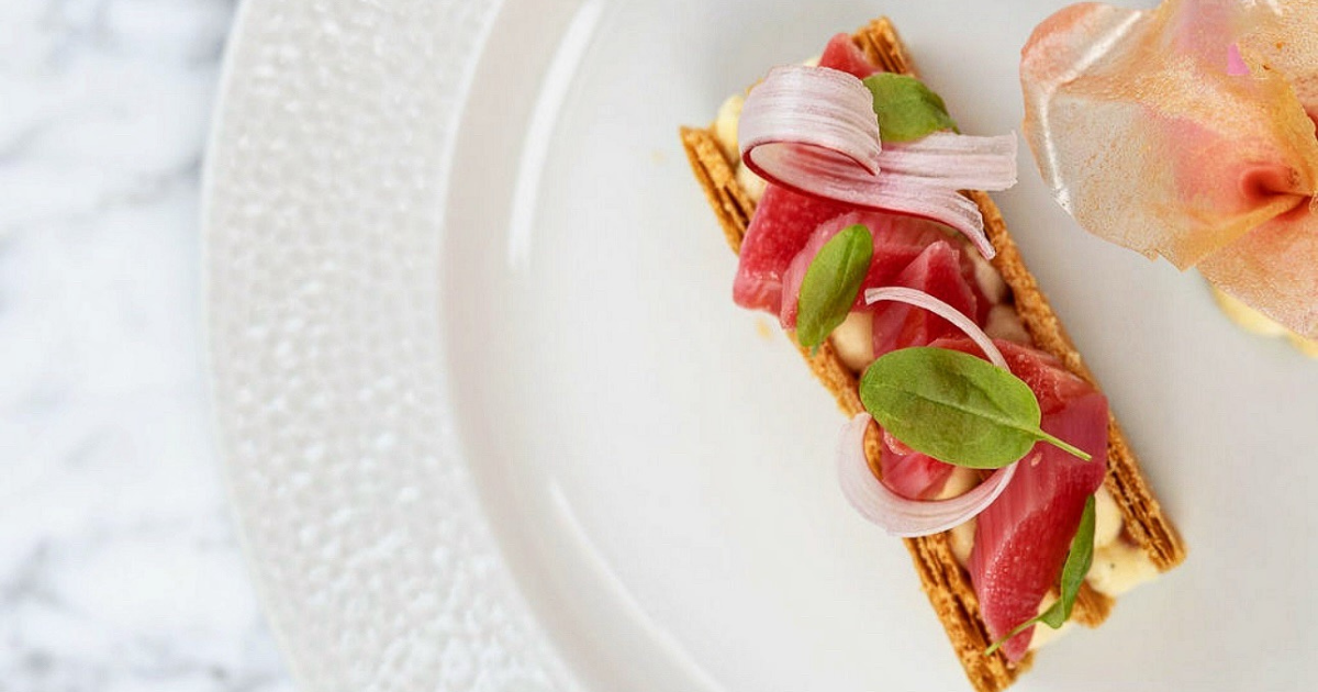 Rhubarb mille-feuille, poached forced rhubarb, vanilla ice cream by Sam Brennan