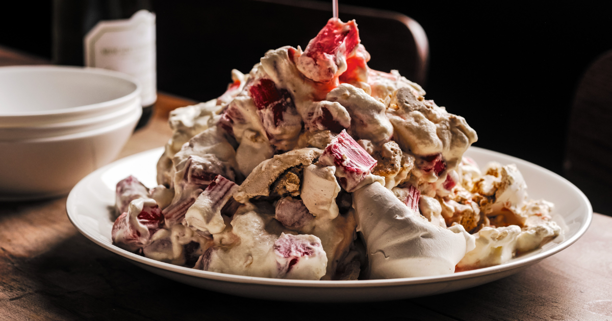 Brown sugar meringue and rhubarb Eton mess by Mike Davies