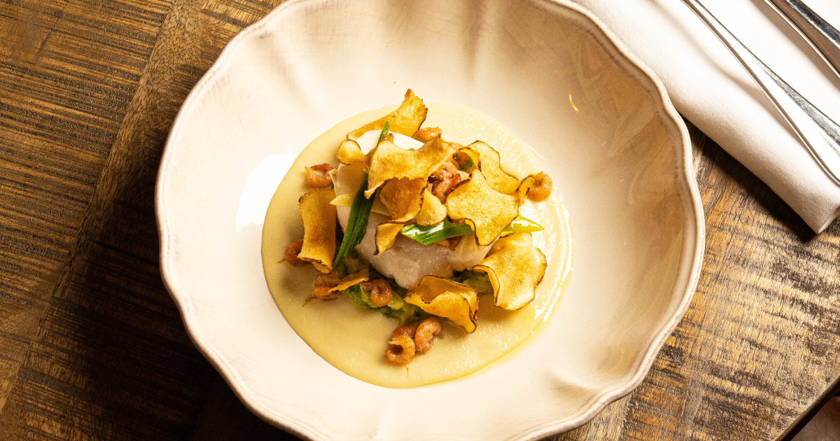 Confit cod with leeks, Jerusalem artichoke & brown shrimp 