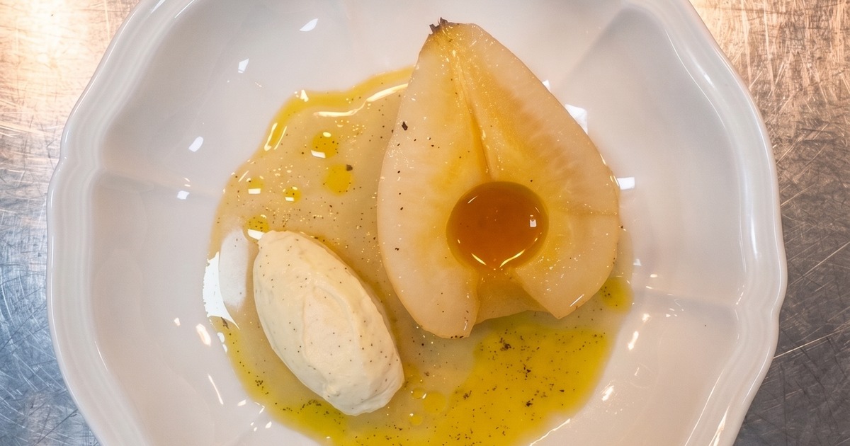 Mead poached pear and vanilla syllabub by Charlie Crote