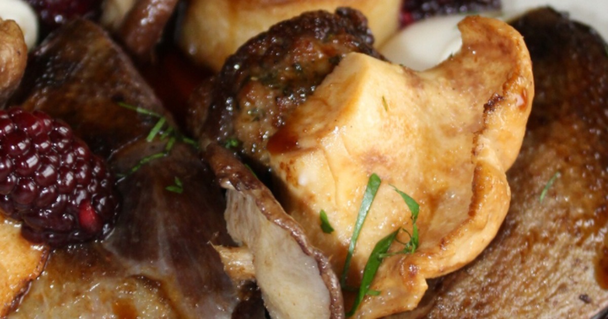 Grouse, mushroom, pickled blackberry and bread sauce by Connor Wilson
