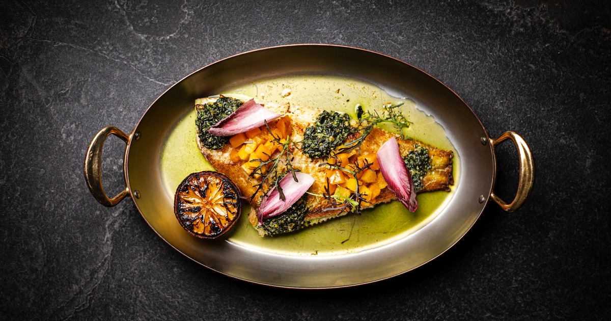 Roasted plaice with cavolo nero pesto and butternut squash by Matthew Barker