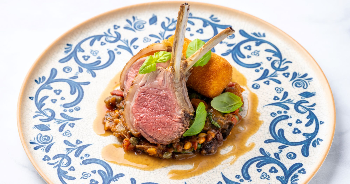 Roast lamb rack, shoulder croquette, caponata