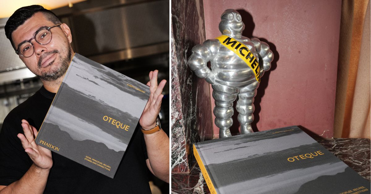 Alberto Landgraf holding his Oteque book and the Michelin statue at Muse