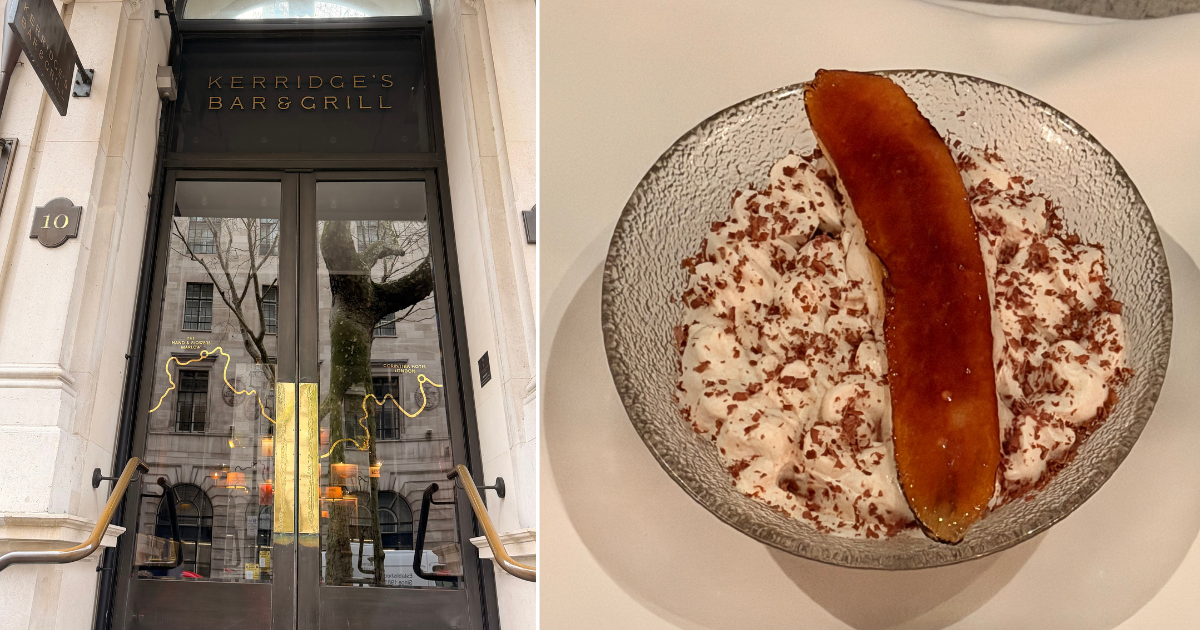 Kerridge's Bar and Grill exterior and tonka bean dessert